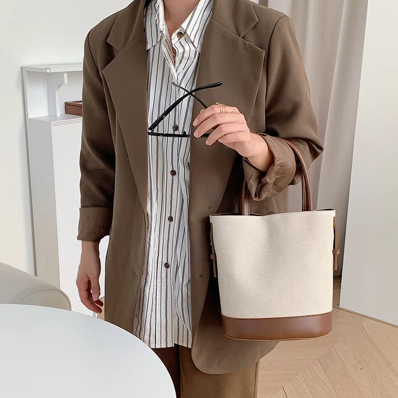 Korea Canvas stitching Ladies Round Bucket Bag Luxury Women Handbag Brand Designer female Shoulder Crossbody Bag lady tote bag