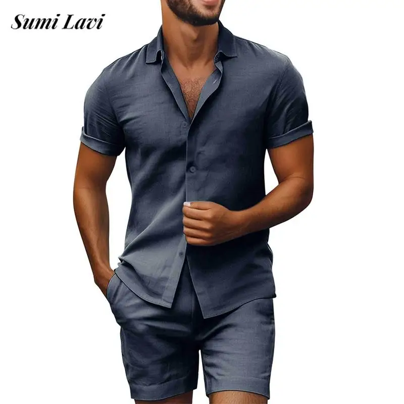 

New Casual Mens Solid Color Linen Outfits 2025 Summer Daily Leisure Breathable Shirts And Shorts Two Pieces Suits Men Linen Sets