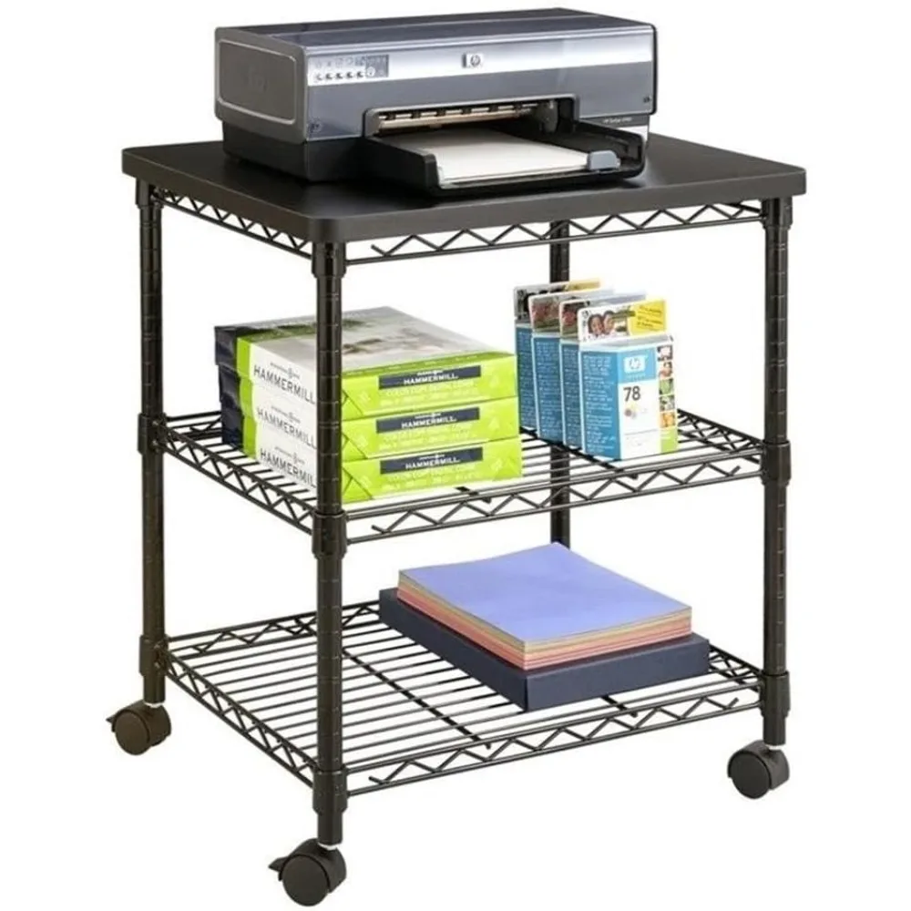 Desk Side Wire Machine Stand with Wheels, 3 Tier, 200 lbs Capacity, Black Steel Frame & Multifunctional Utility Shelves. P