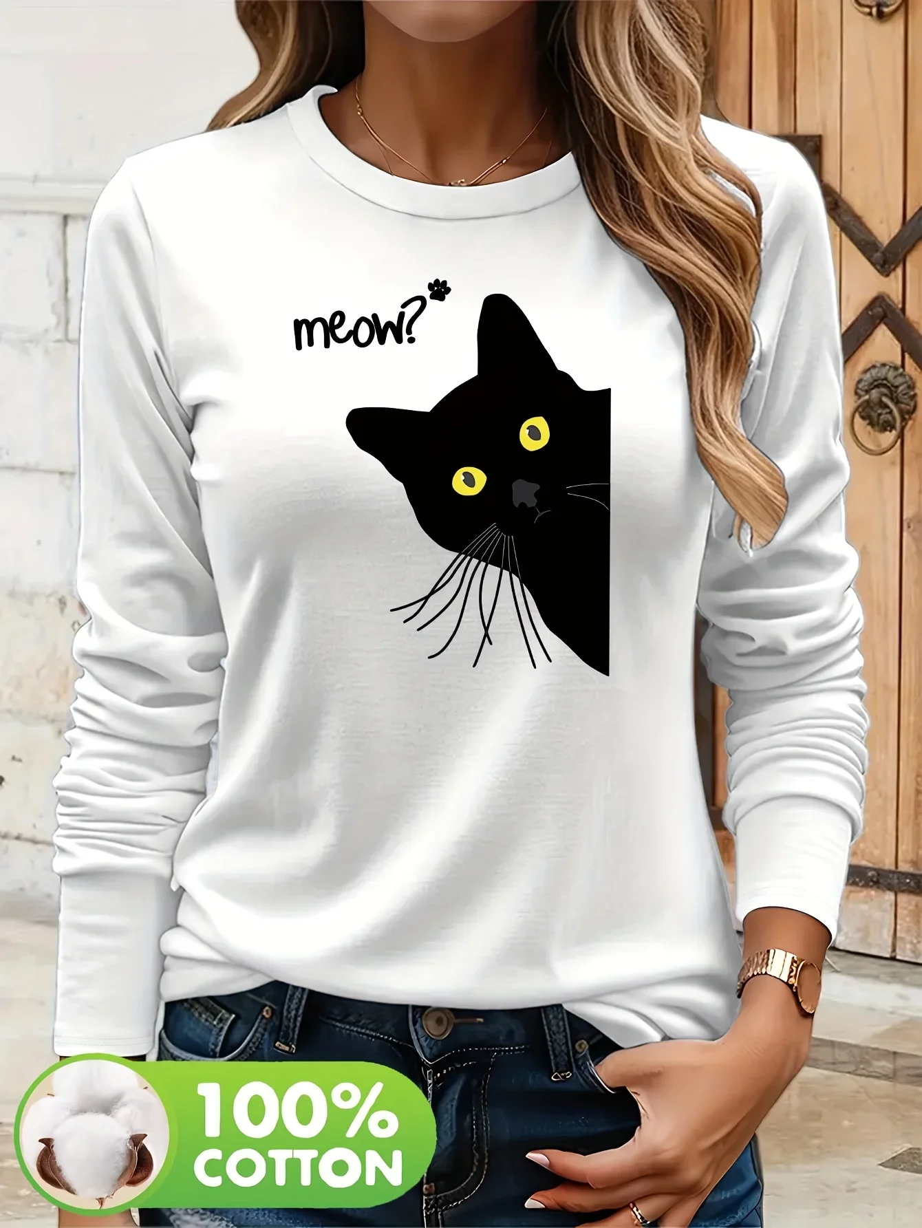 Trendy Cartoon Cotton Long Sleeve T-Shirt Black Cat Graphic Soft Everyday Basic Top Tee Women Funny Long-sleeved T Shirt