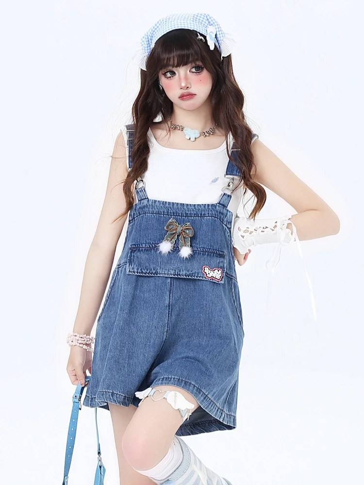 Japanese Style Kawaii Jean Strap Shorts Women 2000s Vintage Y2k Clothing Denim Shorts Cute Girl Loose Strap Wide Leg Overalls