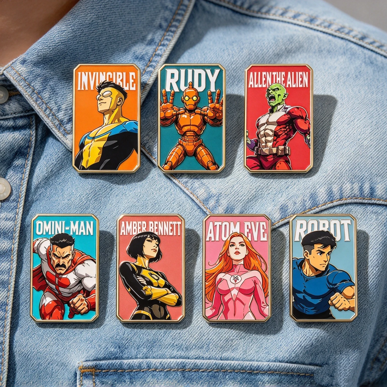7-teiliges Set mit Metallabzeichen in Form von amerikanischen Comic-Helden, trendige rechteckige Broschen, dekorative Anstecknadeln für Taschen und Jacken. – Detail 6