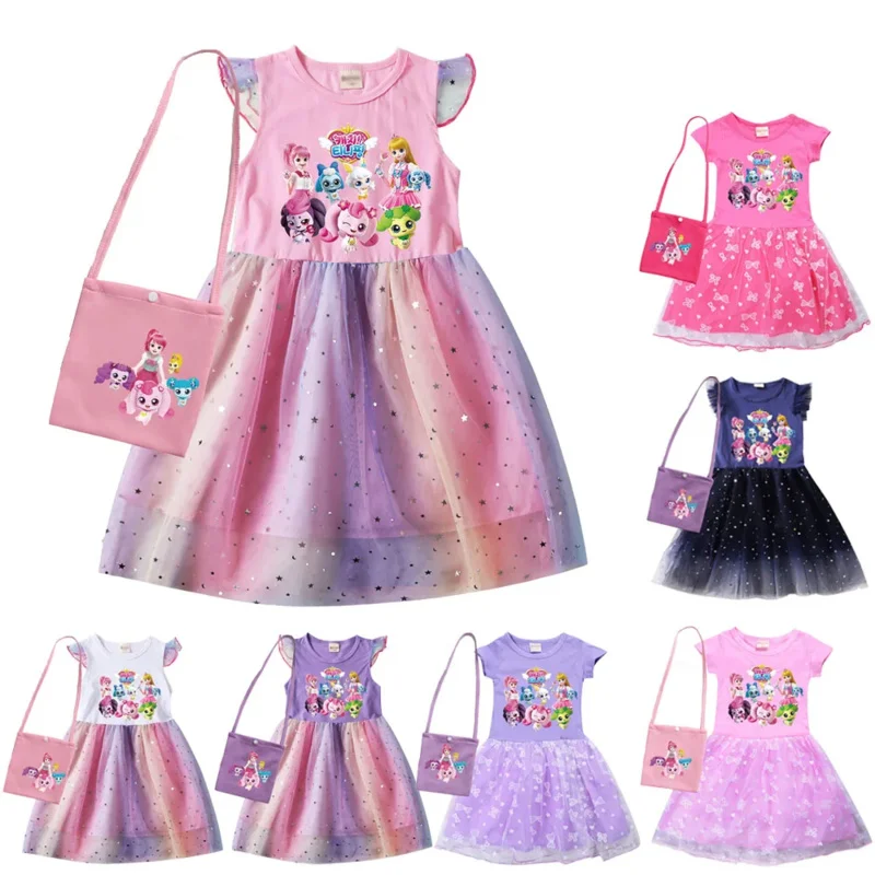 Korean cartoon baby girl dresses kids T-tiny clothes cosplay costume children fly sleeve casual princess dress bag summer