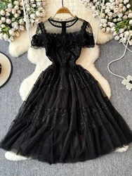 Quality Summer Autumn Black Tulle Sequins Dress Women Short Sleeve See Through A Line Midi Party Vestidos Long Robe