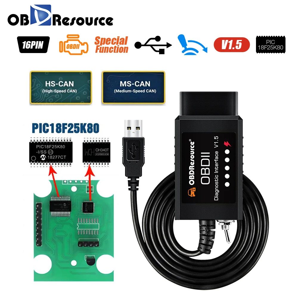 OBDResource FORSCan OBD2 USB Adapter ELM327 V1.5 for Windows CH340 Diagnostic Tool with MS-CAN/HS-CAN Switch PIC18F25K80