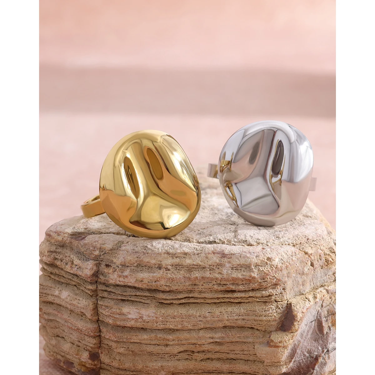 YACHAN خواتم من الفولاذ المقاوم للصدأ غير منتظمة مطلية بالذهب عيار 18 قيراط للنساء مجوهرات عتيقة خالية من التشويه الفردي #3