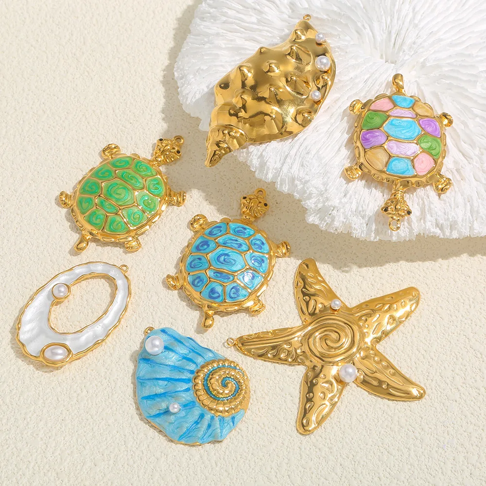 

Ocean Themed Enamel Charms, 18K Gold Plated Turtle/Starfish/Seashell Pendant with Pearl Accent