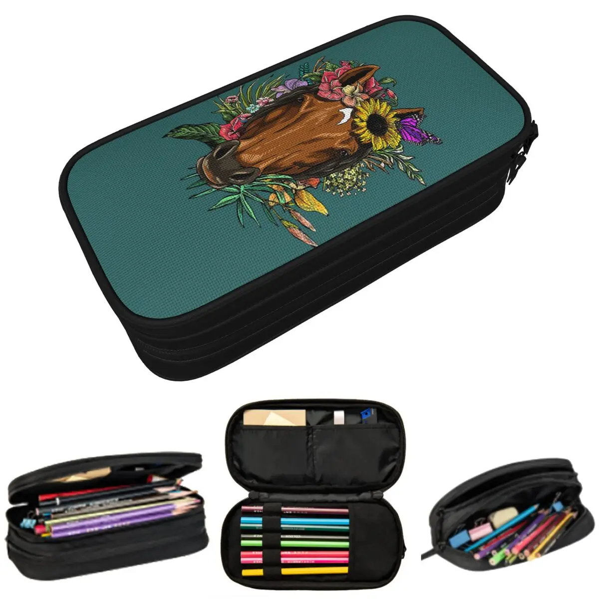 

Spring Flowers Surround Horse Nature Pencil Case for Studen School Pen Box Pencil Bag Stationery Supplies Pen Holder Bag