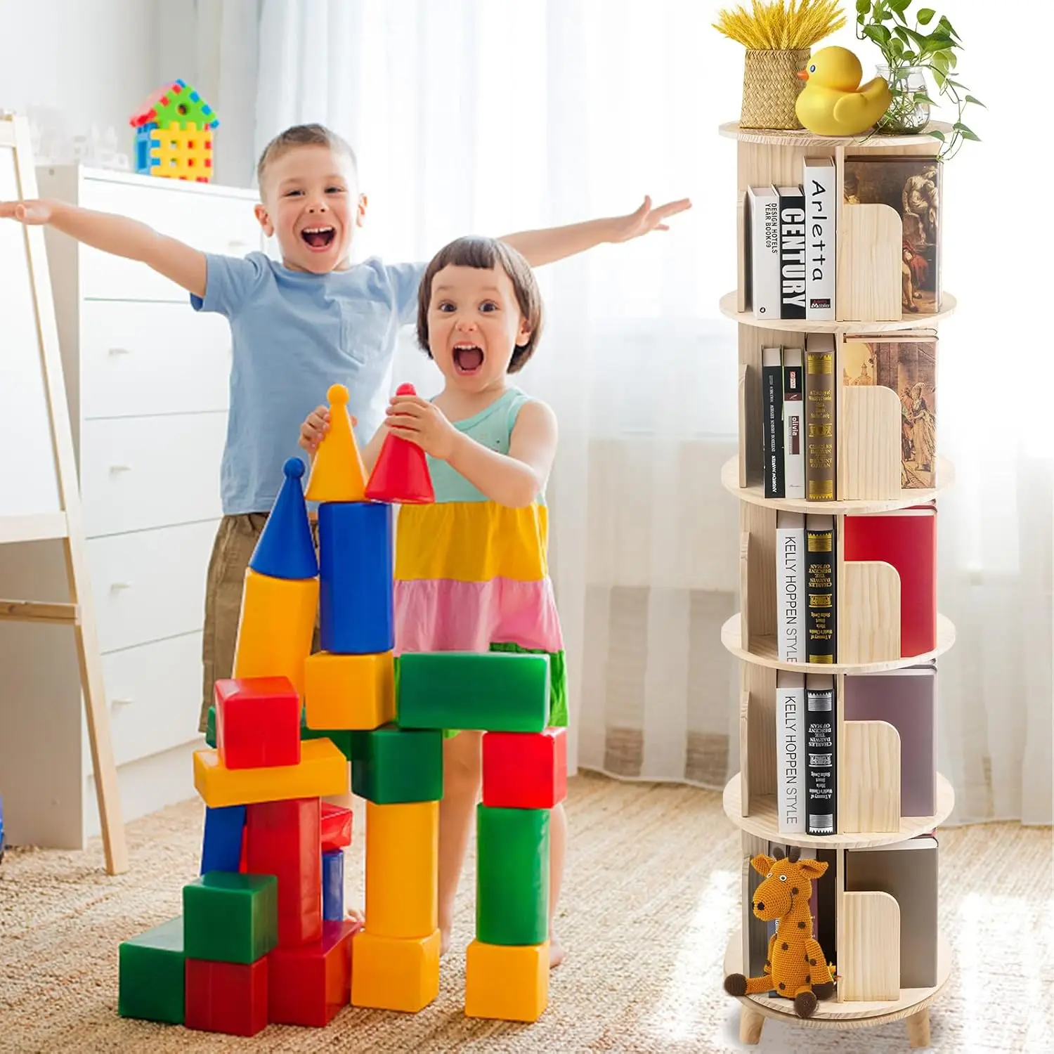 5 Tier Rotating Bookcase With Legs,360°Display Wood Round Bookshelf,Swivel Bookcase