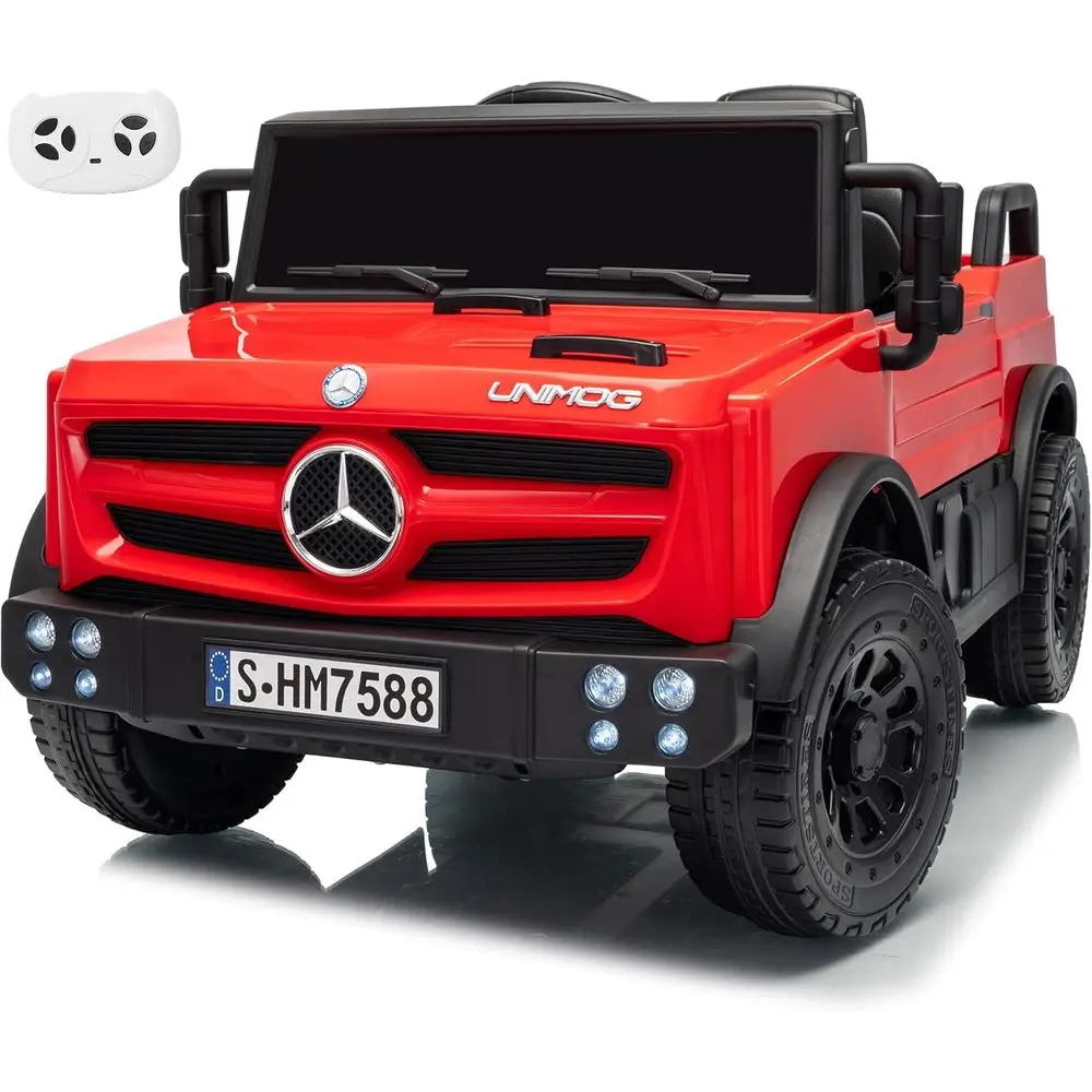 รถยนต์เด็กนั่งขับ 12V พร้อมรีโมทคอนโทรลสำหรับผู้ปกครอง รถยนต์เมอร์เซเดส-เบนซ์ ยูนิมอก ลิขสิทธิ์แท้สำหรับเด็ก ไฟ LED เพลงและแตร สตาร์ทแบบนุ่มนวล