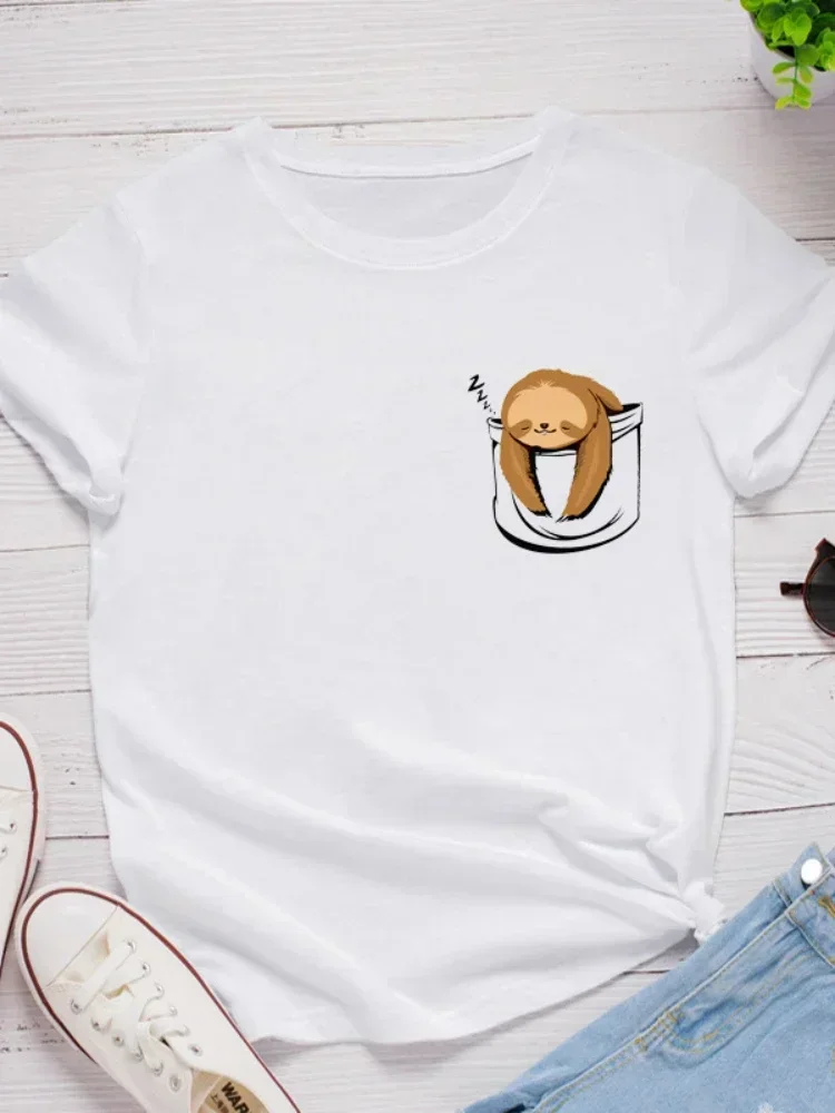 Women Cute Sloth Print Women Tshirt Ladies Tee Shirt Clothes Camisetas Mujer Pocket  Print Women T Shirt Short SleeveO Neck Tops