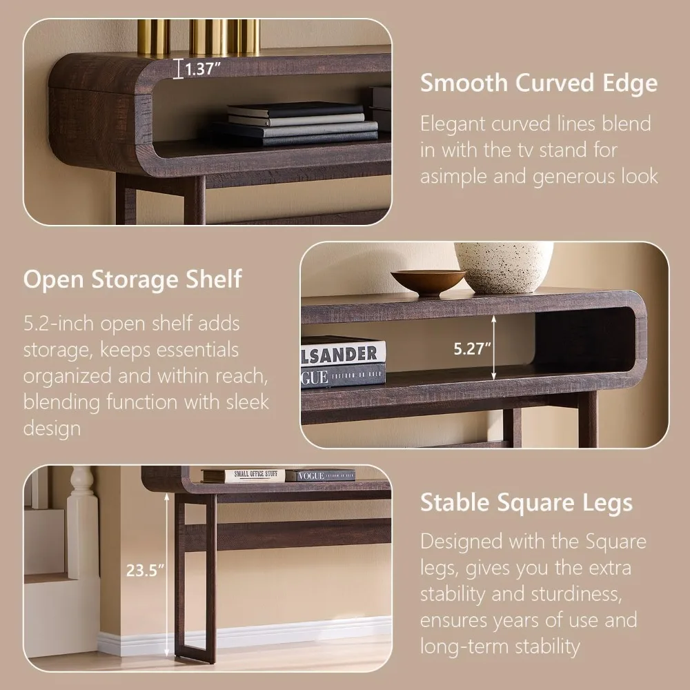 طاولة كونسول طويلة بطول 63 بوصة، طاولة مدخل حديثة بطول 31.5 مع رف تخزين مفتوح، تصميم ملف تعريف منحني، أريكة خشبية ضيقة