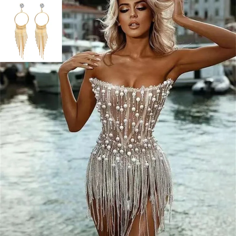 Sexy Strapless Pearls Beaded Tassel Mini Dress with earring Women Hot Party Clubwear Club Dress Short Evening Dresses Vestido