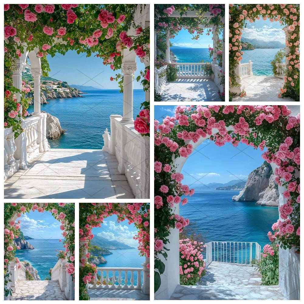 

Greek Scenery Santorini Lsland Nordic Seaside Town Blue Dome Church Aegean Sea vinyl Photography Background Room Home Decor