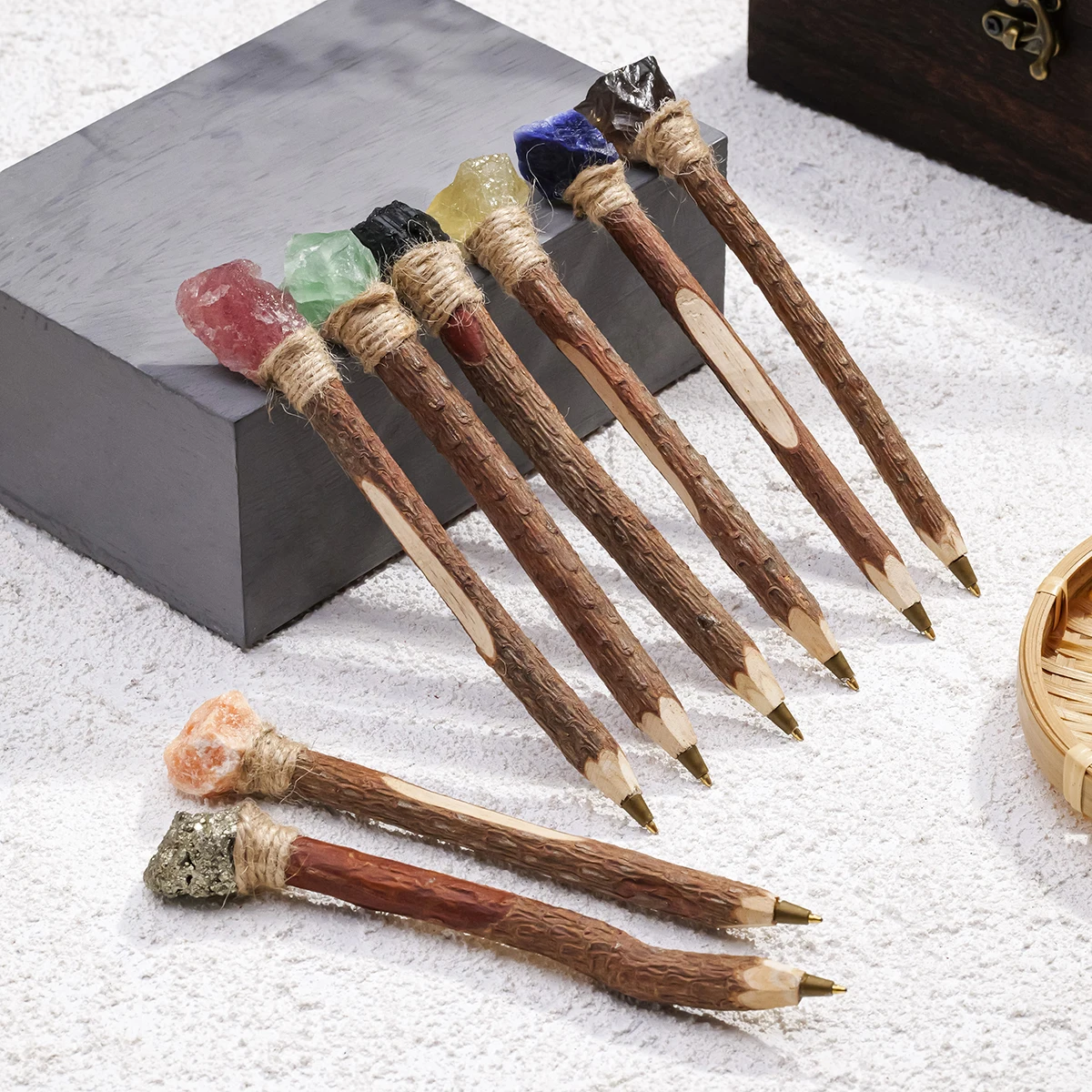 1pc Natural Crystal Raw Stone Magic Pen, Wooden Ballpoint Pen with Crystal Ornament Scepter Signature Pen, Ideal Holiday Gift