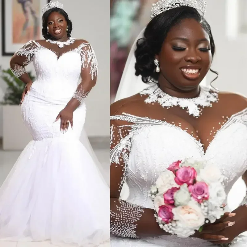 

Customized Plus Size African Arabic Nigeria Illusion Trumpet Bride Sheer Neck Long Sleeves Bridal Gowns Mermaid