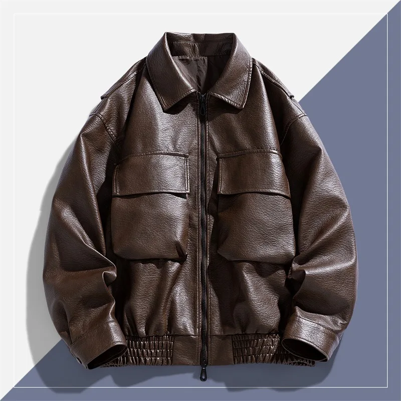 

Luxury PU Leather Jackets for Men Big Pockets Vintage Bomber Jackets Spring Autumn Moto Biker Coats Windbreaker Men Clothing