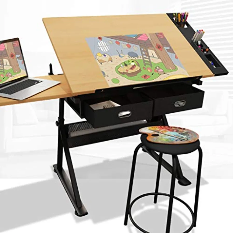 Drafting Table with Storage Height Adjustable Tiltable Art Desk Maple Panel Drawing Desk for Work Study Painting Craft Table