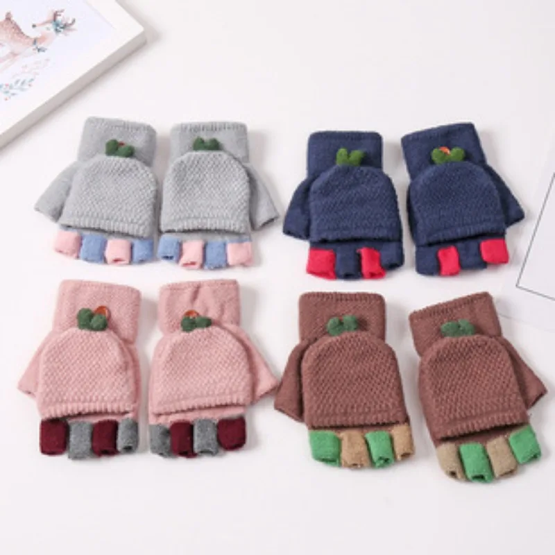 Winter Children Fashion Cute Solid Color Boys and Girls Warm Thick Comfortable Flip Half Finger Gloves