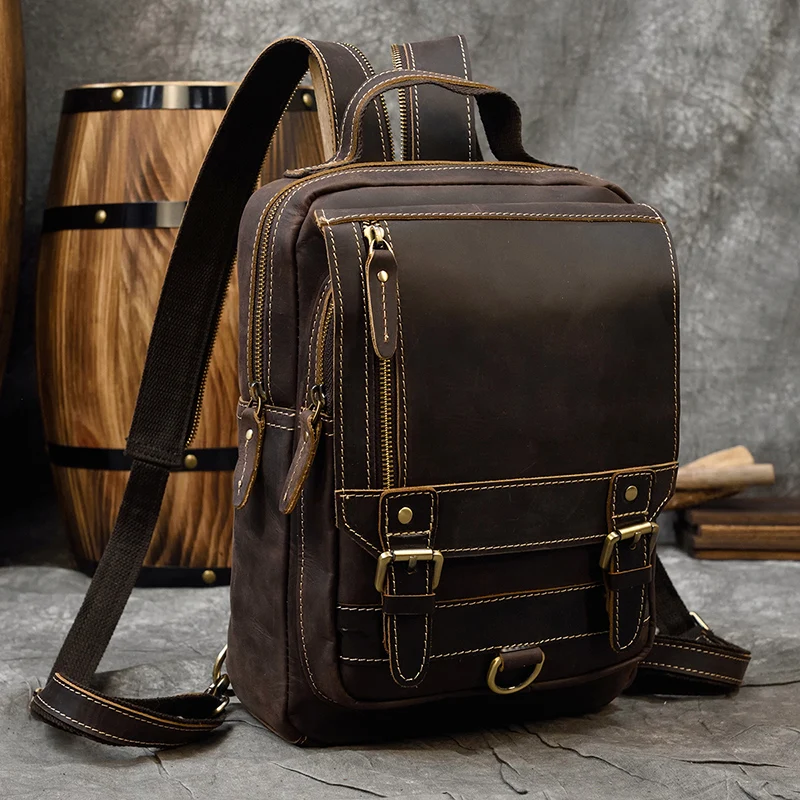 Vintage Genuine Leather Single Shoulder Bapack Chest Bag Dual Use Leather bags Men travel bag outdoor cowhide bags mini backpack