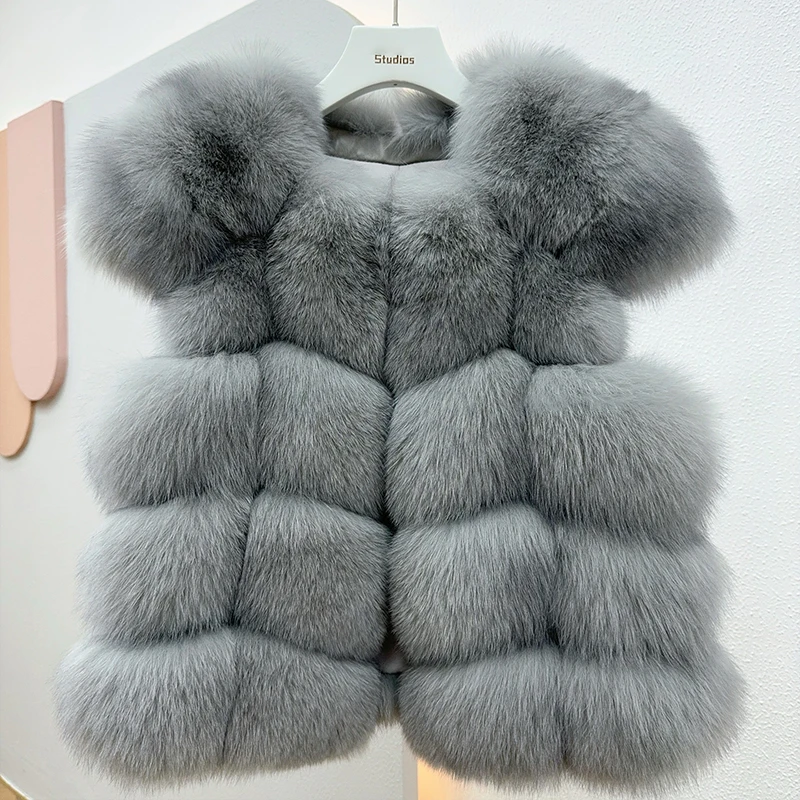 여성용 푹신한 리얼 폭스 모피 민소매 조끼 천연 모피 양복 조끼 럭셔리 겉옷 재킷