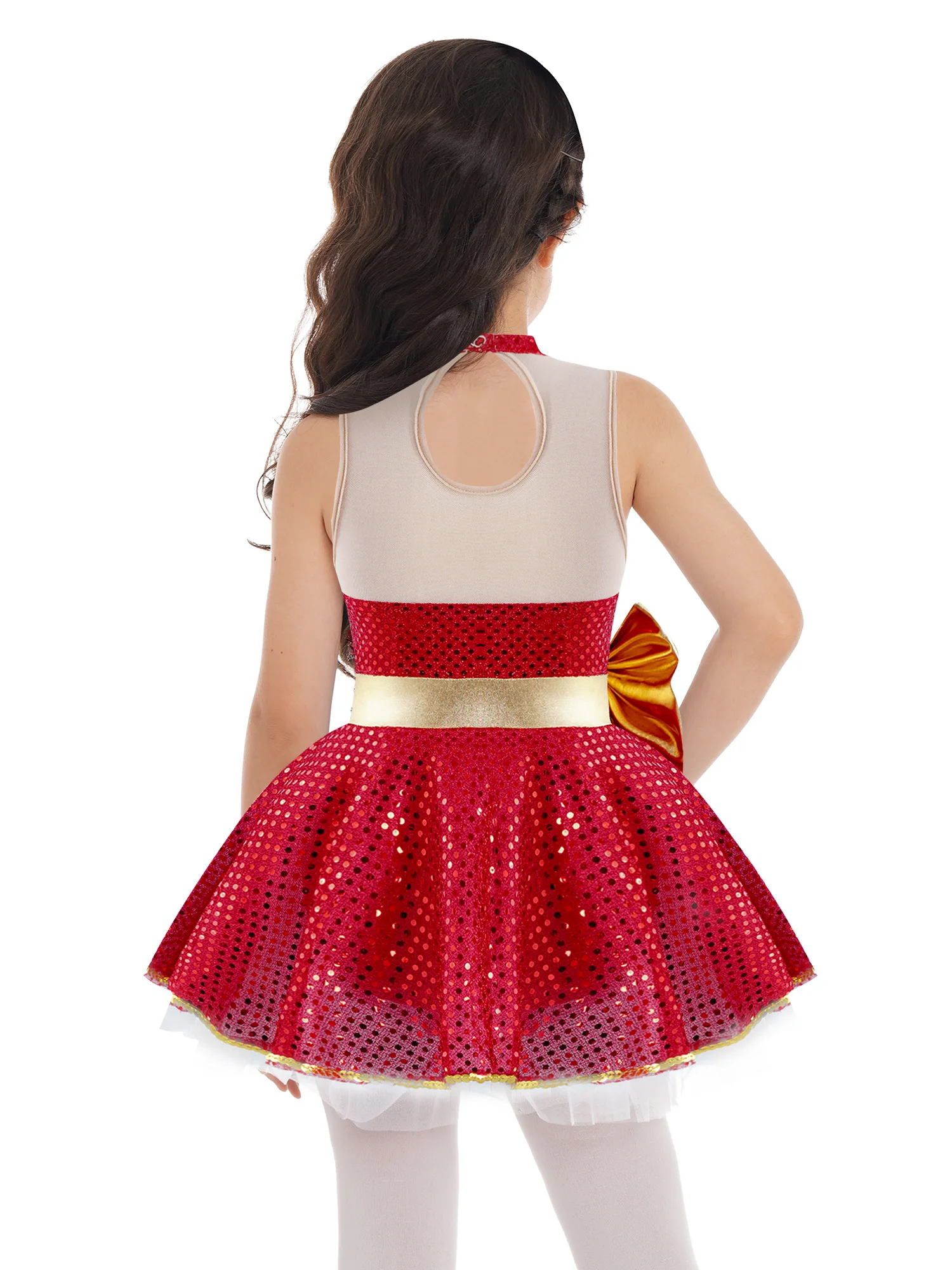 Girls Christmas Dance Dress Ballet Gymnastics Skating Cha-cha Latin Samba Rumba Costume Sleeveless Bow Sequin Mesh Leotard Tutu