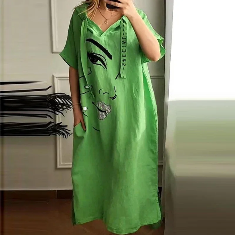 Women Retro Abstract Face Print Hooded Dress Spring V Neck Pocket Party Long Dress Summer Short Sleeve Loose Slit A-Line Dresses