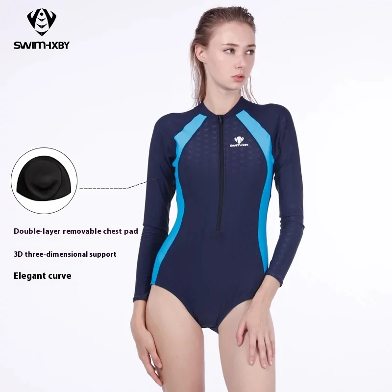 

Women Long Sleeve Sun Protection Rash Guard Female Slimming One Piece Swimsuit With Chest Padded