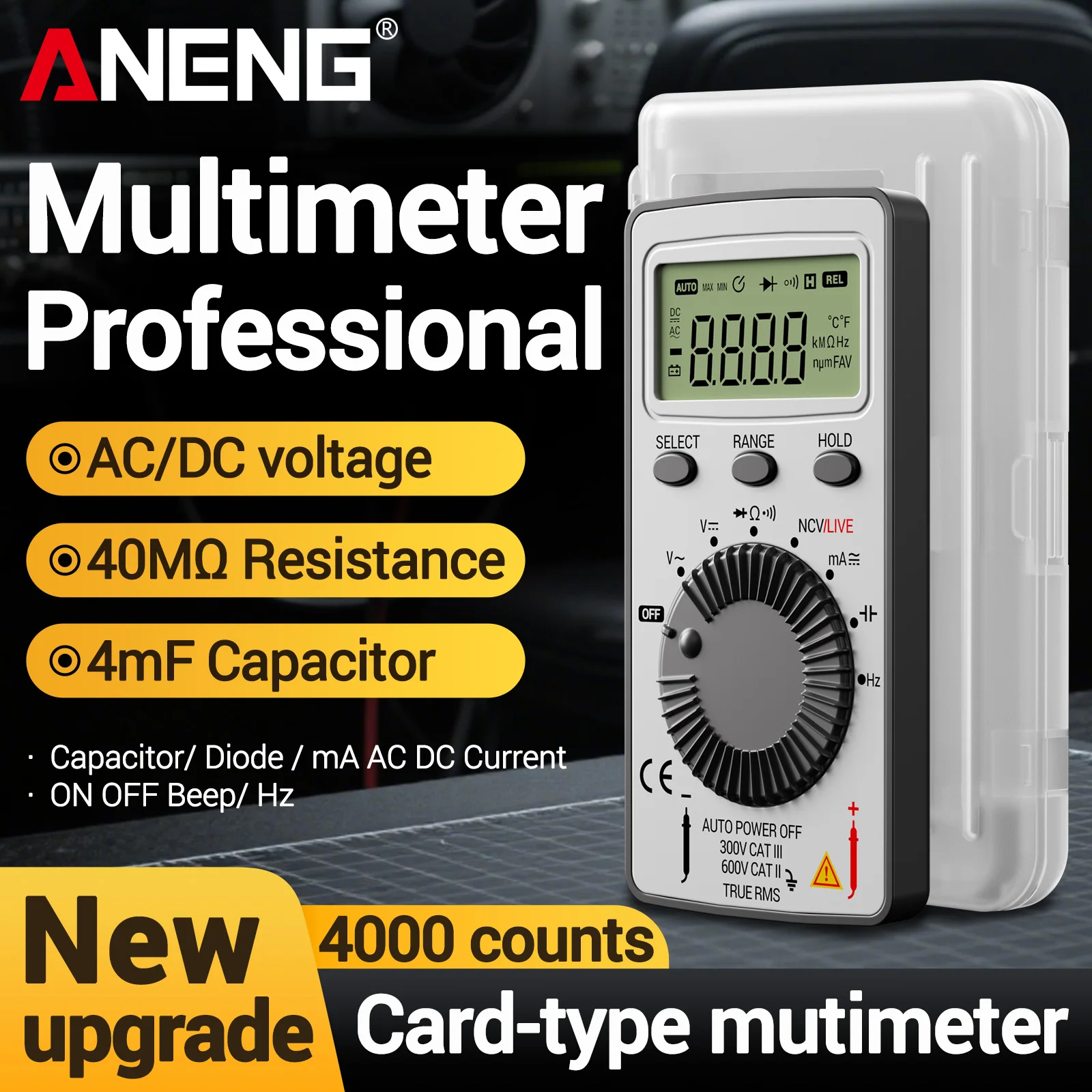 Multímetro Digital Mini ANENG AN101, Material ABS, 4000 Contagens, Detector NCV, Retenção de Dados, Desligamento Automático para Manutenção Eletrônica