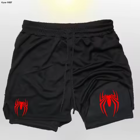 Spider Print Sport Shorts Men Sportswear Double-Deck Running 2 In 1 Beach Bottoms Summer Gym Fitness Training Short Pants 936