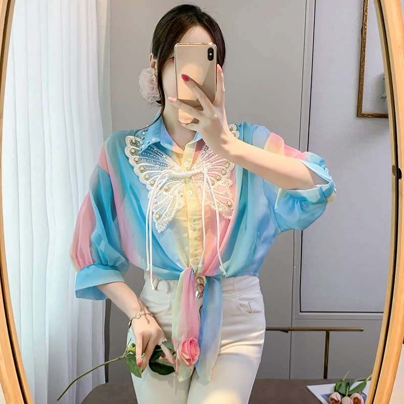 Blus wanita Vintage sifon Atasan wanita applique kemeja wanita pakaian tambal sulam pelangi penjualan longgar lengan pendek atasan Diamante