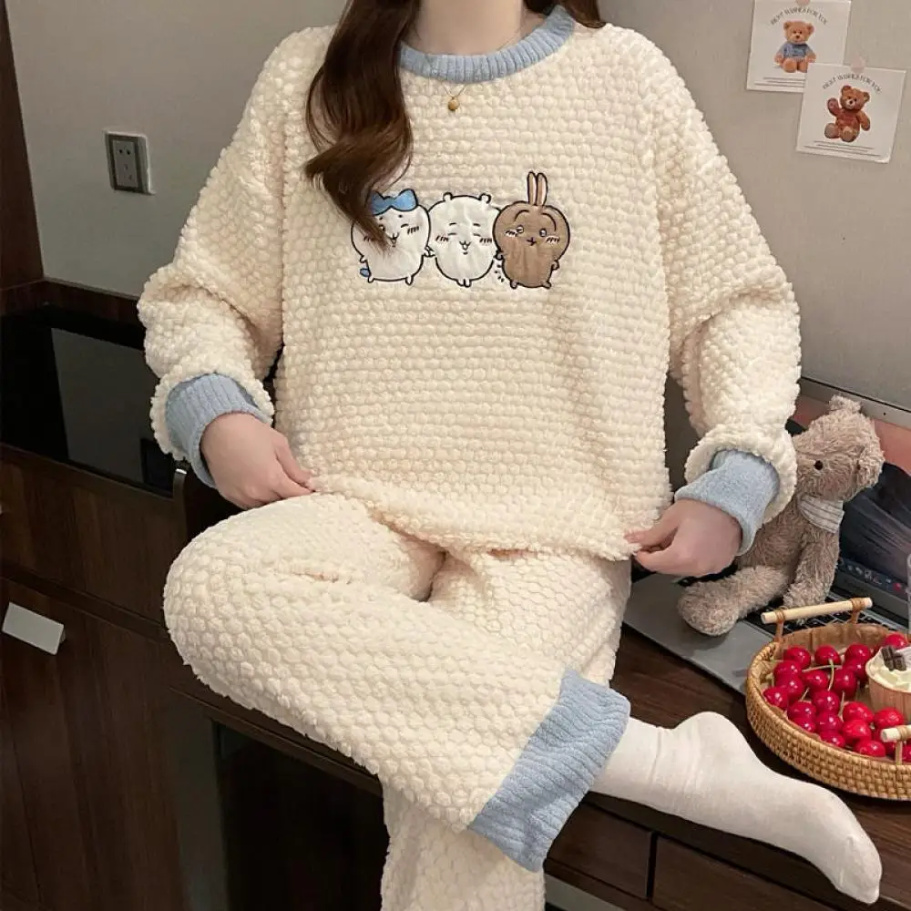 

Cartoon Winter Women Chiikawa Plush Pajamas Set Kawaii Hachiware Coral Velvet Nightwear Anime Cute Thick Warm Girls Homeclothes