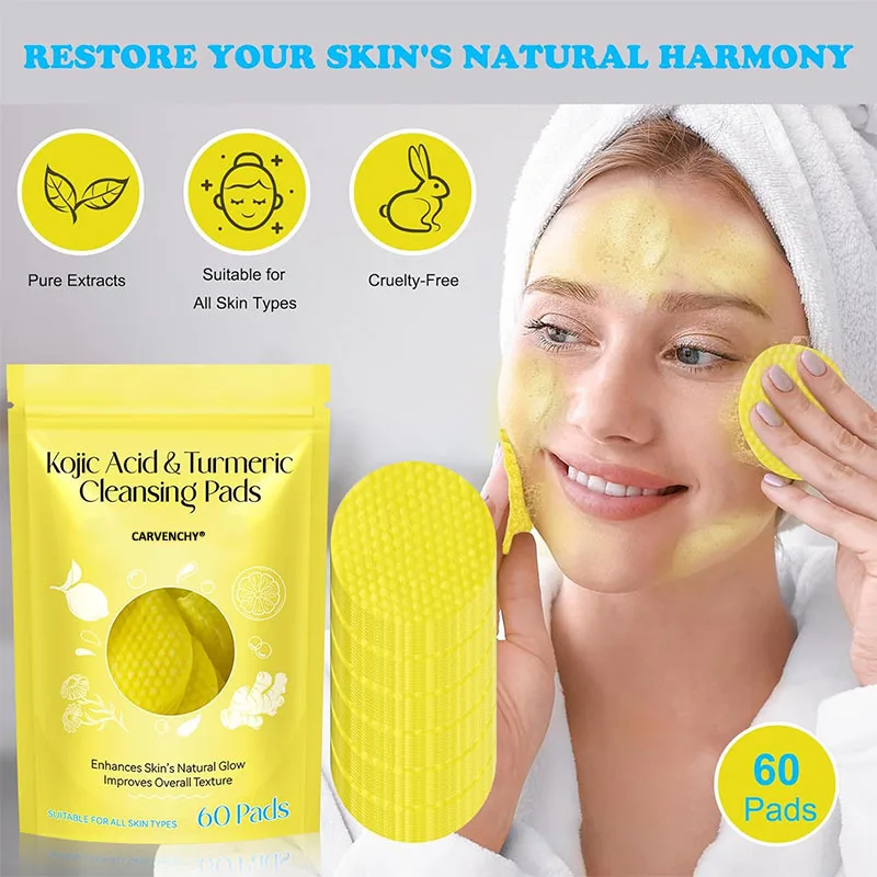 Płatki z kwasem kojowym i kurkumą do oczyszczania i złuszczania skóry.