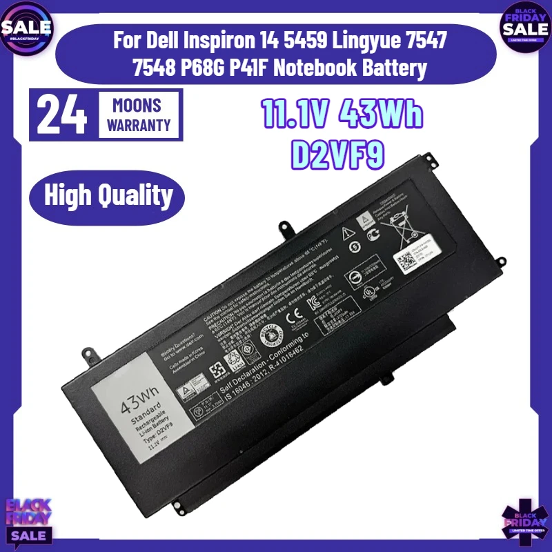 11.1V 43Wh D2VF9 Laptop Battery for Dell Inspiron 14 5459 Lingyue 7547 7548 P68G P41F Notebook Battery