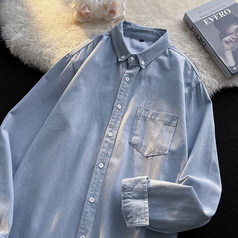 

Мужская японская джинсовая рубашка с длинным рукавом в стиле ретро, весна-осень, новые однотонные универсальные пальто с карманами и лацканами, модные повседневные свободные простые топы