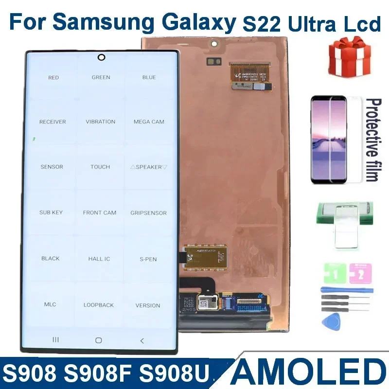 AMOLED S22 Ultra Screen For Samsung Galaxy S22 Ultra S908 S908U S908B/DS LCD Display Digital Touch Screen Digitizer Replacement