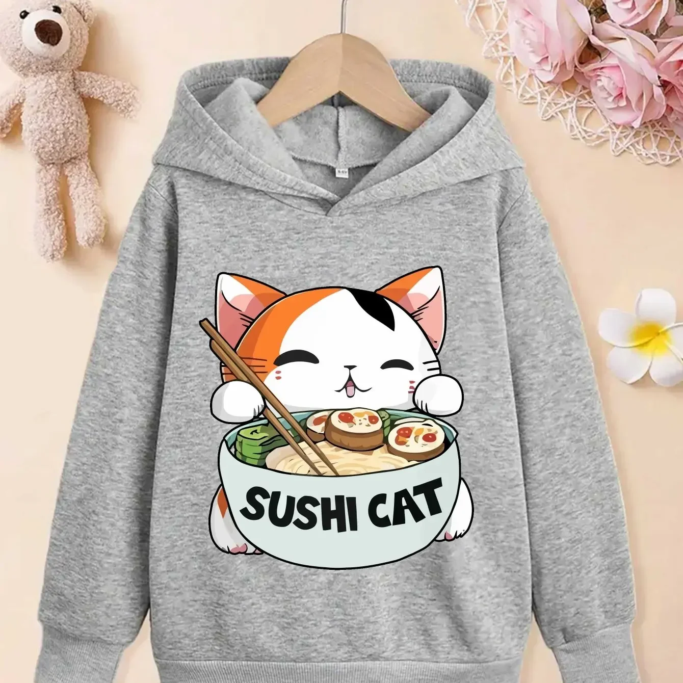 Girls Boys Kids Hoodie Cute Sushi Cat Printed Sweatshirt Japanese Style Kawaii Cartoon Pullover Hooded Top Autumn Winter