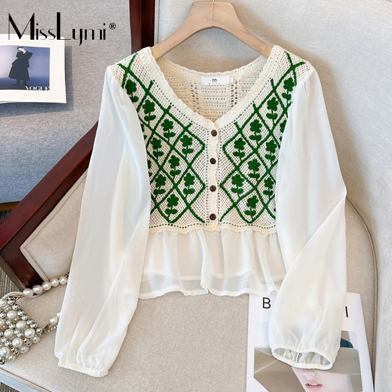 

L-4XL Big Size Women Sweet Knitted Top 2023 Autumn Loose Korean Style Hook Flower Hollow Mesh Patchwork Long Sleeve Short Blouse