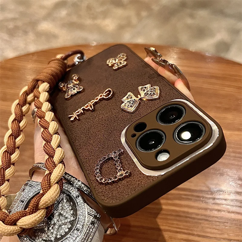 럭셔리 가죽 엠보싱 패턴 휴대폰 케이스, 아이폰 15, 14, 13, 12 프로 맥스, 패션 타이드 핫 골드 레터, 단색 커버