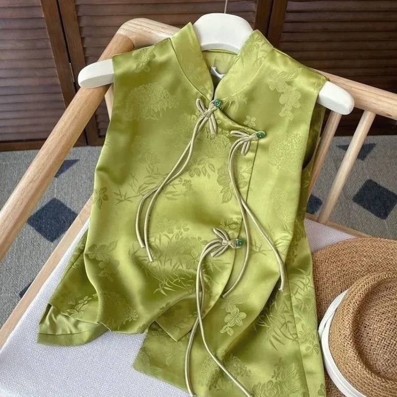 

New Chinese Casual Versatile Jacquard V-Neck Vest for Women Spring Summer New Retro Sleeveless Top Waistcoat Single-breasted Top