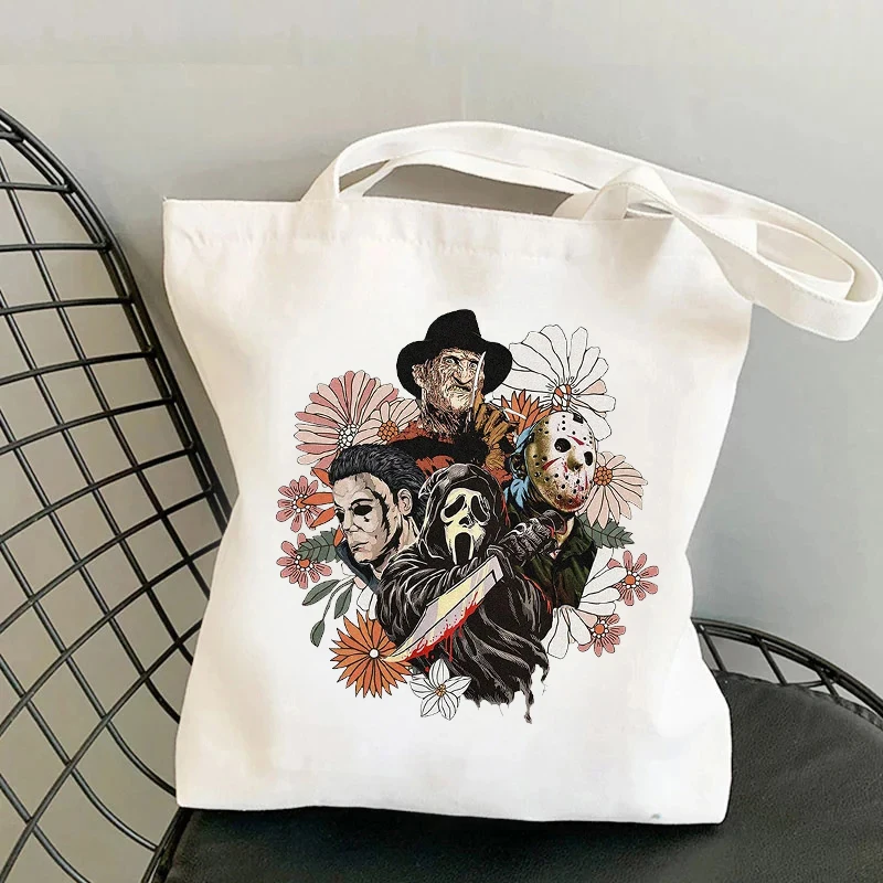 Horror Floral Killer Printed Canvas Tote Bag Large Capacity Travel Storage Shoulder Bags Reusable Shopping Bag Halloween Gift