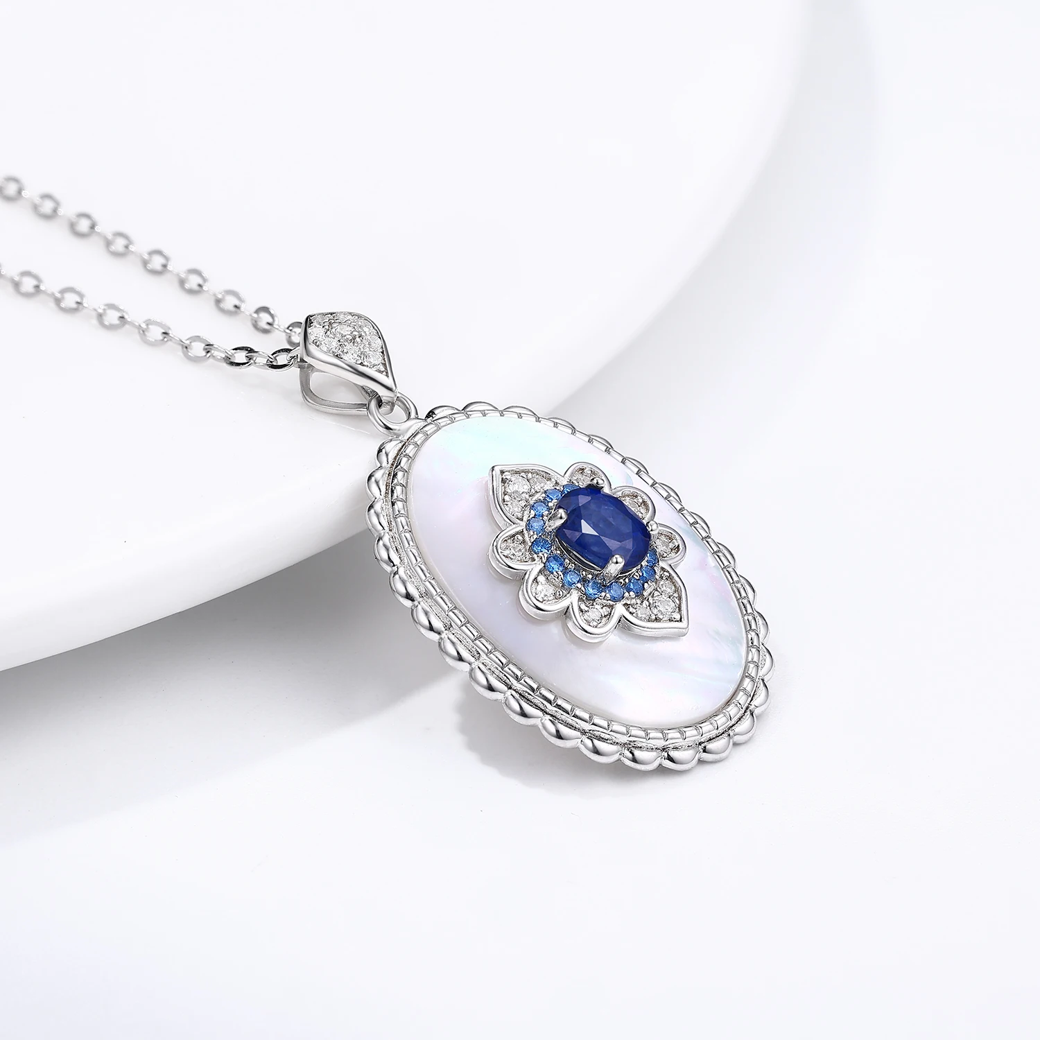 YBO Trendy White Shell Flower Pendant For Necklaces Luxury Natural Blue Sapphire 925 Sterling Silver Gemstone Clavicle Chains