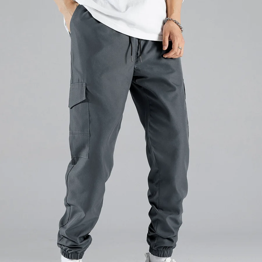 American European 2026 New Fashion Men’s Solid Color Loose Elastic Waist Multi Pocket Jogger Trousers Male Sports Pants Clothes