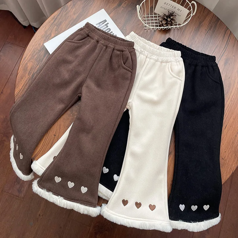 Girl fur edge heartfelt embroidered plush bell bottomed pants 2023 winter new trendy straight leg pants for children clothing