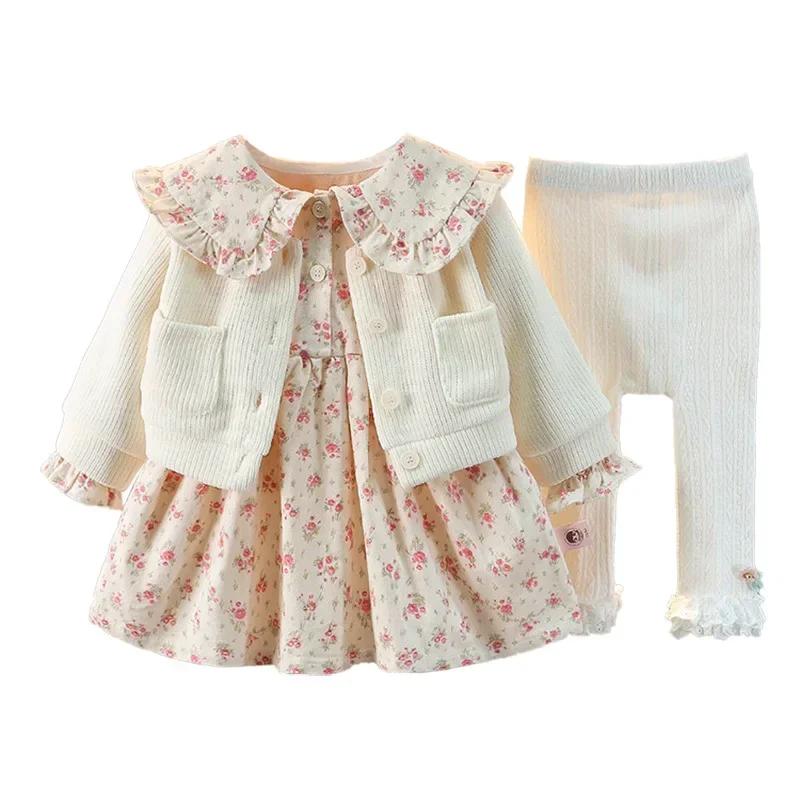 2024  Autumn New Girl Korean Edition Sweet Cute Flower Two Piece Set Baby Autumn Dress Little Girl Short Skirt Set Girl Clothes