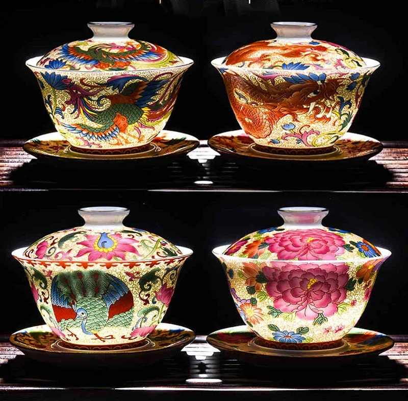 180ml,colour enamel gaiwan, traditional china dragon painting, ceramic kung fu tea teapot for tea ceremony, porcelain decoration