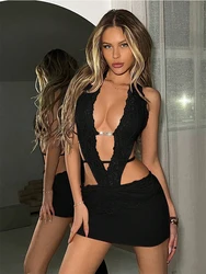 Y2K Sexy Spicy Girl Style Lace Lace Lace Hollow out Dress for Women Summer Deep V Slim Fit and Slim Wrap Hips