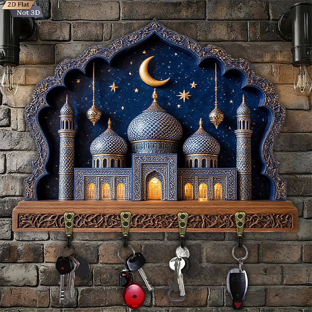 2D Flat, 1pc, Islamic Architecture Blue Golden Star And Crescent Key Hook, Wooden Multifunctional Home House Key Hook, with