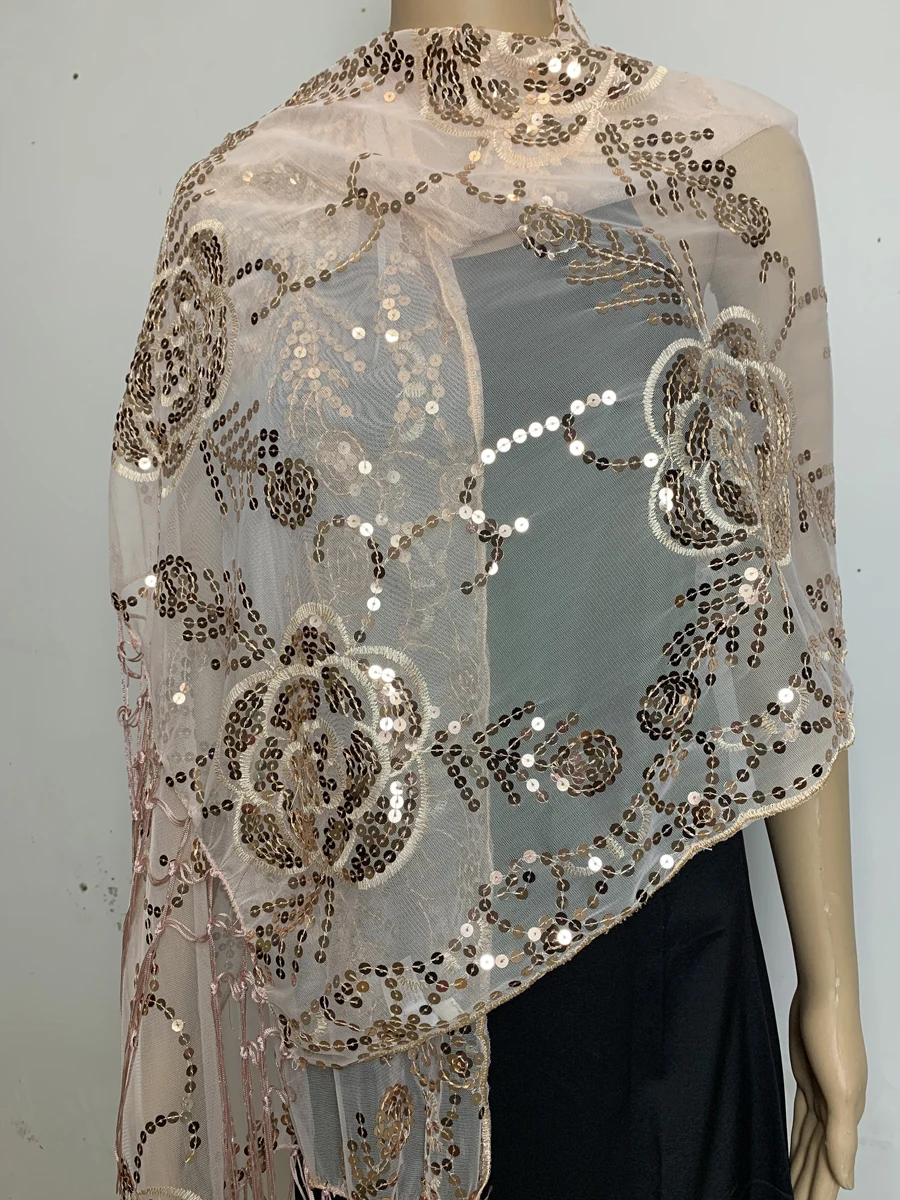 1920s Sequined Floral Embroidery Wraps Fringed Evening Cape Wedding Bridal Shawl Scarf for Evening Dresses Party