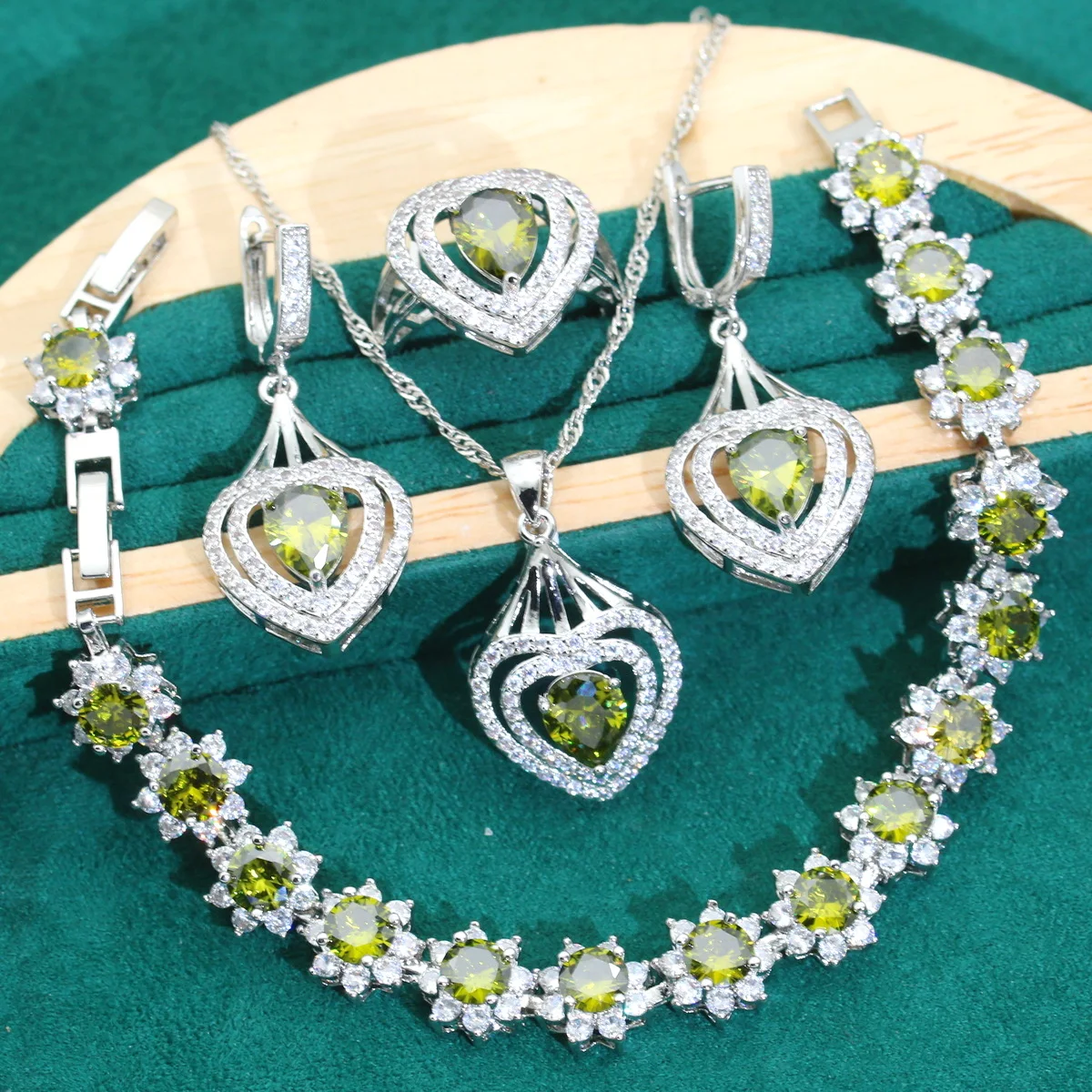 Core 925 Silver Women Jewelry Sets Wedding Olive Green Zircon Earrings Necklace Pendant Ring Bracelet Holiday Dating Gifts